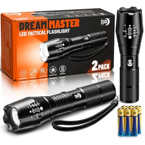Dream Master 2 Pack LED Flashlights High Lumens with 6 AAA Batteries, 5 Modes Mini Waterproof Tactical Bright Flashlight for Camping Hiking, Stocking Stuffers & Christmas Gifts for Him, Men, Dad