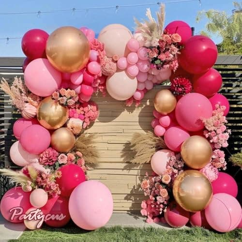 Hot Pink Balloon Arch Kit Double Stuffed, Dark Light Pink Magenta Blush Gold Balloon Garland for Birthday Baby Shower Wedding Valentines Party Decoration