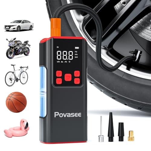 Tire Inflator Portable Air Compressor Povasee 150PSI Portable Air Pump for Tires Cordless Car Tire Inflator with LCD Display,Flashlight, 2X Tire Pump Faster suit for Cars Bikes Motorcycle Ball