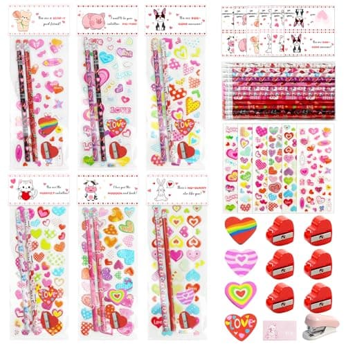 Chris.W 24Pack Valentine's Day Classroom Exchange Gift Set, Assorted Stationery Set with Valentine Cards for Kids Classroom, Heart Stickers, Pencils, Sharpeners, Erasers Party Favors