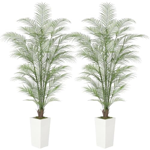 6 ft Fake Palm Tree Faux Areca Palm Plants with Full Lifelike Palm Leaves Realistic Trunks Fake Tropical Palm Tree for Indoor Home Office Outdoor Yard Décor with Tall Trapezoidal Prism White Pot 2 PCS