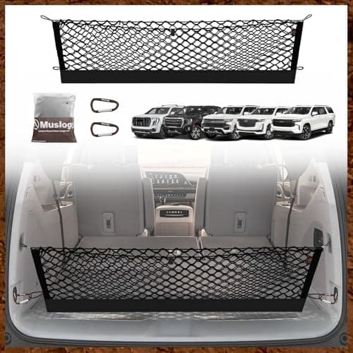 Muslogy Envelope Style Trunk Cargo Net Compatible with 2021-2025 Chevy Suburban&Tahoe, GMC Yukon&Yukon XL, Cadillac Escalade Accessories Upgraded Mesh Storage Luggage Net with Metal Hooks