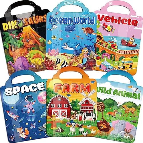 Kalysky 6Set Puffy Sticker Books for Kids 2-4, 3D Reusable Stickers Books for Toddlers 1-3 2-4,Farm+Animal+Dinosaurs+Ocean World+Space+Vehicle