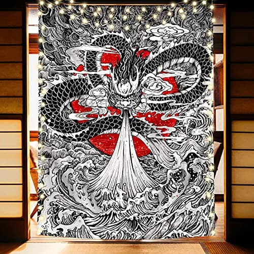 Japanese Great Wave Red Sun Tapestry, Cool Dragon King Anime Black Wall Hanging Tapestry for Men Room Decor, Japanese Style Art Sunset Ocean Vertical Tapestry for Teen Dorm, Room (78 x 59 inches)