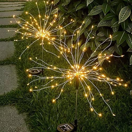 HFLYJPYW Solar Firework Lights 2Pcs Garden Lights Outdoor Waterproof, 120 LED with 8 Modes Twinkling and Steady-On, Festive daysStarburst Lights for Path, Patio, Yard (Warm White)